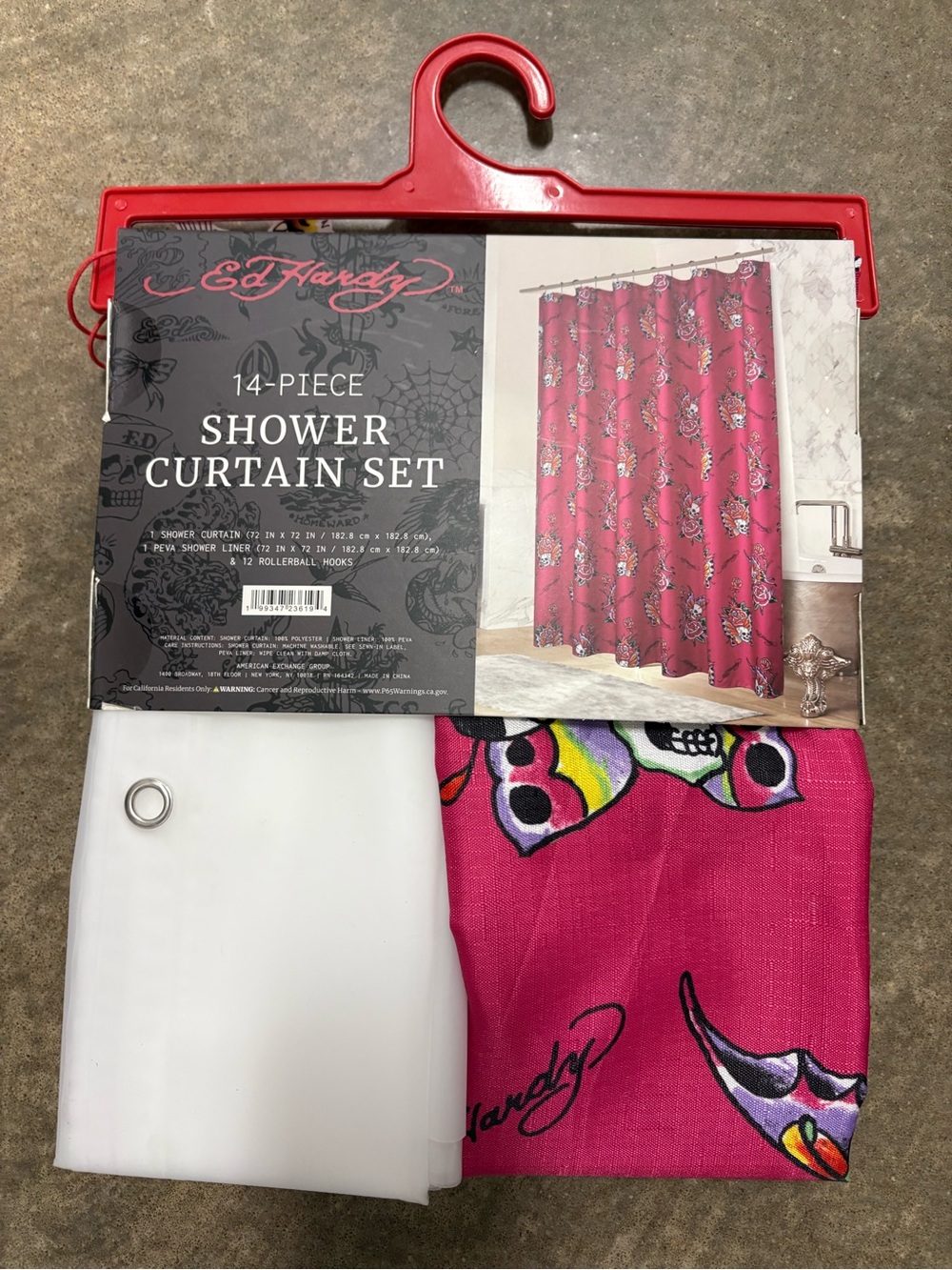 Ed Hardy Hot Pink Floral Skull Shower Curtain Set